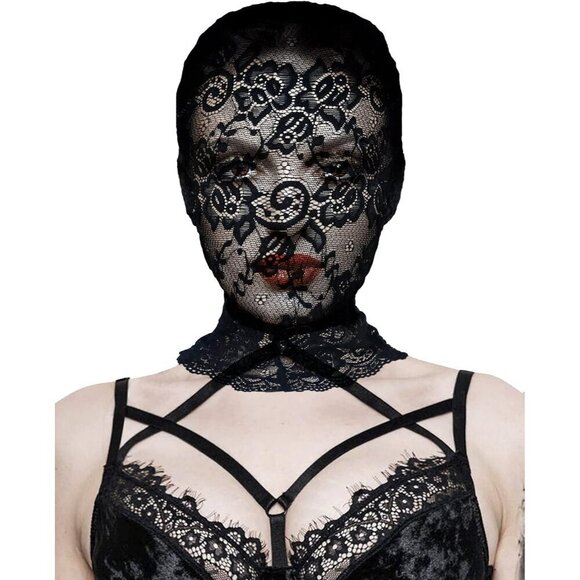 🆕Women Black Lace Hole Face Mask Gothic Sexy Halloween Spandex Cosplay Mask - Picture 5 of 5